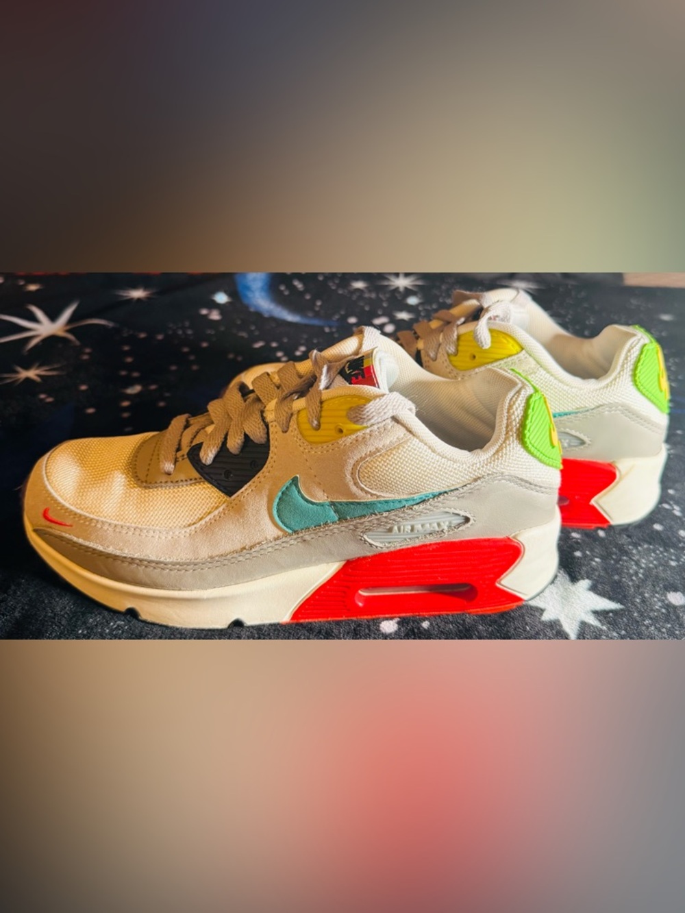 Nike Air Max 90 Low-Top Sneakers - Teal Swoosh, Red Midsole, Yellow Eyelet - Picture 2 of 5